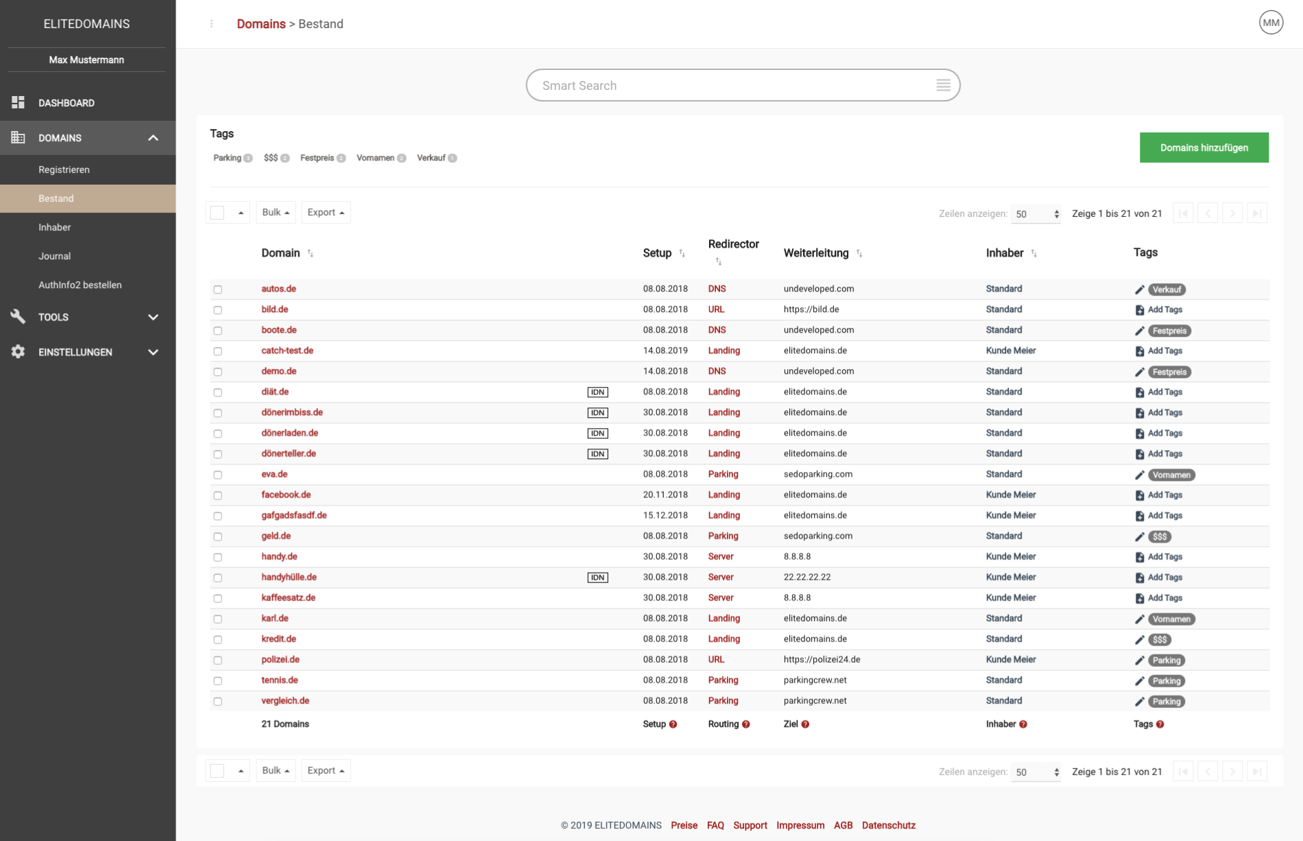 Screenshot des Domain-Bestandes aus der App